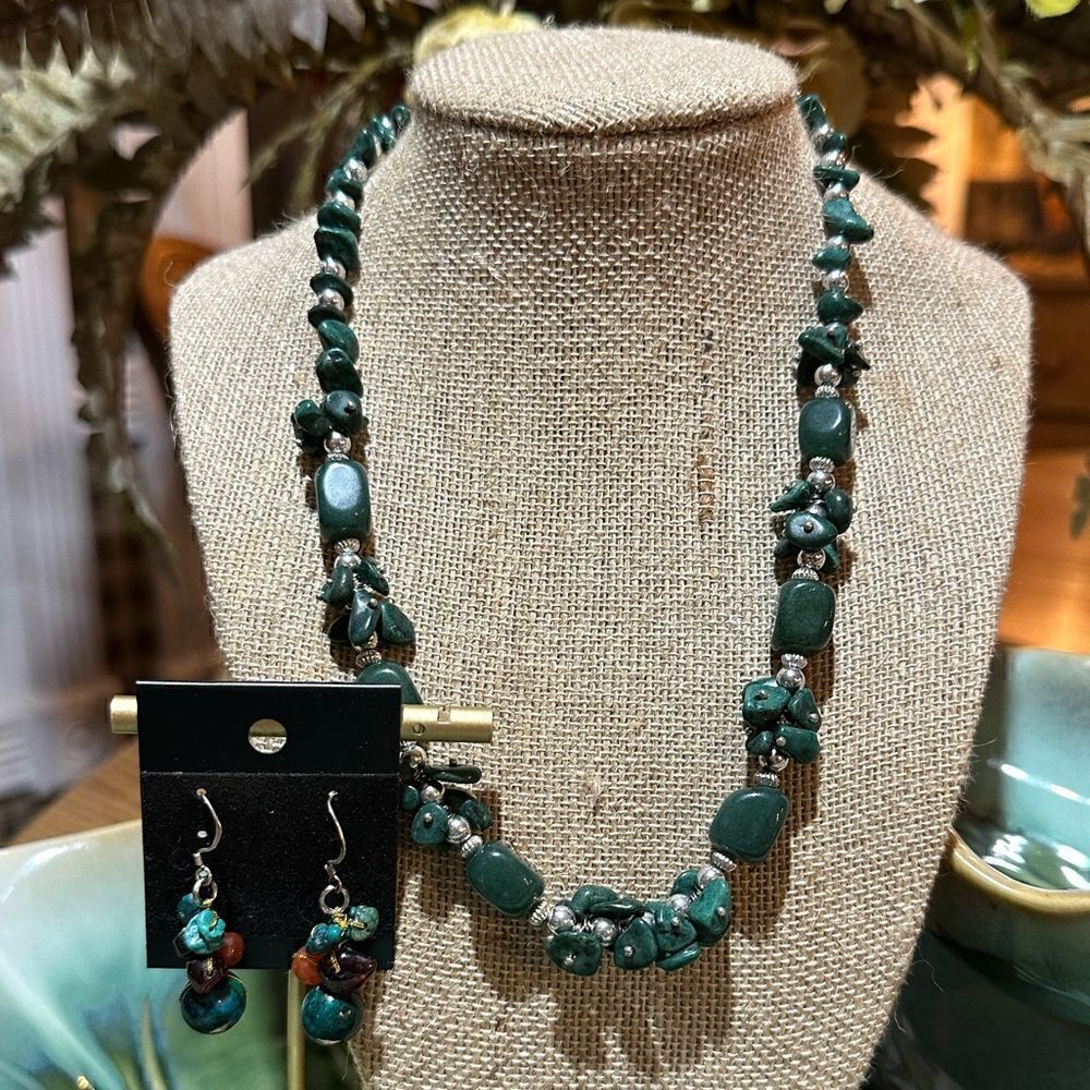 Natural Stone Green Malachite Artisan Beaded 18” Necklace + Earrings